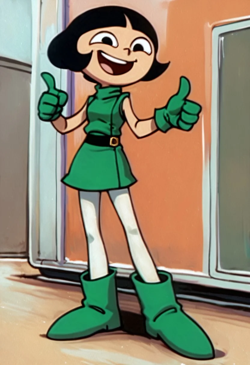 score_9, score_8_up, score_7_up BREAK LeeLeeDL, 1girl, black hair, bob cut, blunt bangs, black eyes, white tights, open mouth smile, thumbs up, solo, solo focus, full body, green uniform, turtleneck, sleeveless, green gloves, green belt, white leggings, green boots,