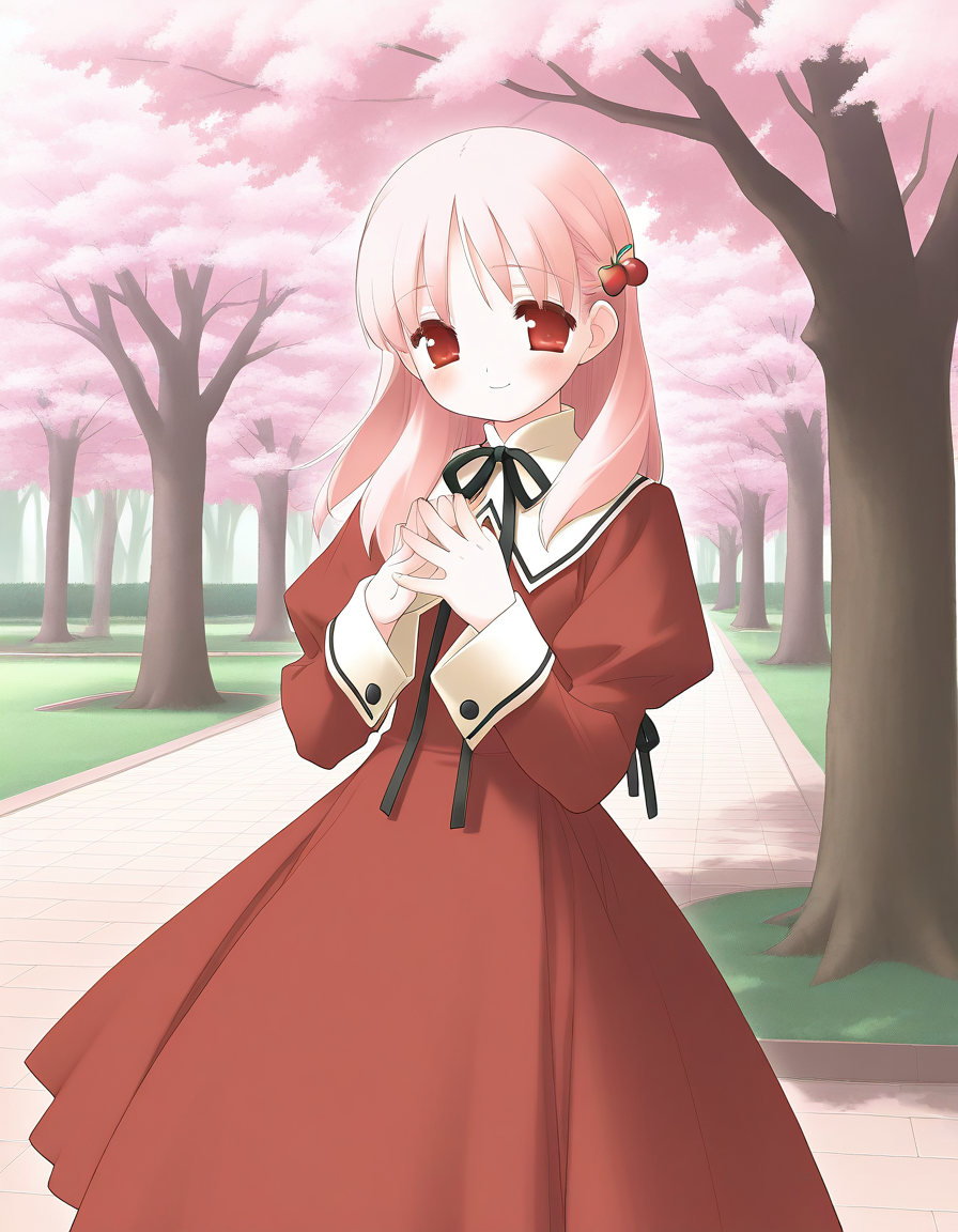 general,highres, ultra-detailed,very aesthetic,best quality ,best hands,  BREAK <lora:Kiriyama_Sakura_IS:1> KiriyamaSakura, pink hair, flat chest, red eyes, hair ornament, 
1girl, solo, tree, outdoors,  cherry blossoms, red long sleeves, red skirt,  long hair,
smile,looking at viewer, cowboy_Shot, face clause up,