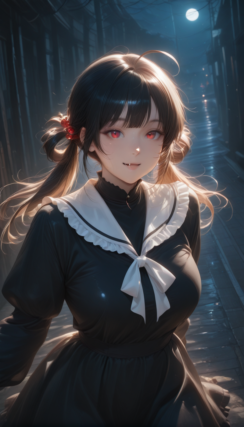 <lora:LCMTurboMix_Euler_A_fix:1> <lora:example_SDXL:0.3>, EZRealPONYXL, <lora:Dramatic Lighting Slider:3> <lora:realistic filter [IL]:1>
DSLR,realistic,cosplay photo, (very awa,masterpiece,best quality,year 2024,newest,absurdres,highres:1), realistic,skin texture,facial features, photography shot with Canon EOS 5D Mark IV , realistic, RAW, best quality, masterpiece, amazing quality, skin details,
1girl, highly detailed beautiful face, large natural breasts,
detailed background, shiny skin, dutch angle, night, moonlight,
beautiful detailed eyes, intricate details, absurdres, anime screencap,
 <lora:YoakenoNanashi_Vtuber_kill0825:1>
VTNanashi, long hair, black hair, red eyes, fang, ahoge, sidelocks,
shirt, hair ornament, red eyes, dress, twintails, frills, puffy sleeves, sailor collar, black dress, slit pupils, white sailor collar, hair rings, frilled shirt collar, frilled collar, frilled sailor collar, black shirt, hair bobble, food-themed hair ornament, serafuku, 
Dynamic pose,