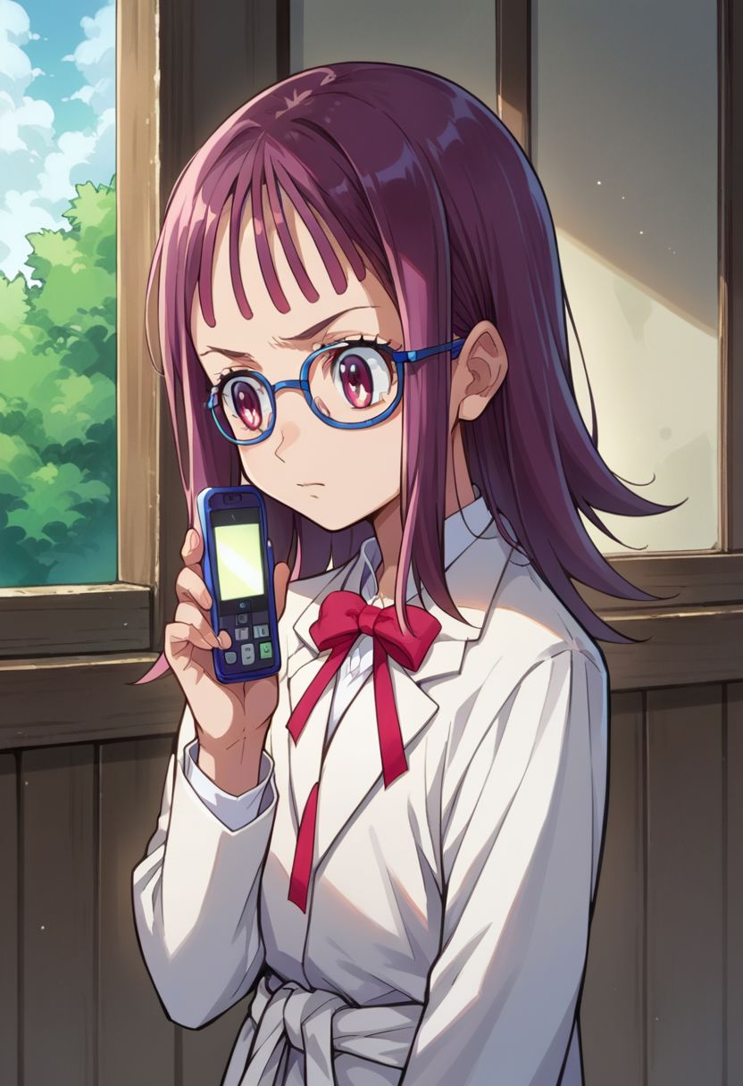 score_9, score_8_up, score_7_up, source_anime,
houjousakura, glasses, kneehighs, flip phone, upper body, dougi, karate gi, jacket, long sleeves, ribbon, blazer