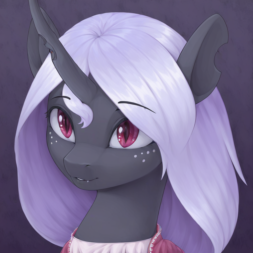masterpiece, score_9, score_8_up, score_7_up, (best quality:1.1), ultra-detailed, high resolution, 1character, Queen Gytha, changeling, feral, holey hoofs, ragged ears, crooked horn, insect wings, black skin, 2pink freckles under the left eye, 2pink freckles under the right eye, very light purple membrane hair, very light purple membrane tail, black eyebrows, (((beautiful detailed red eyes))), Highly Visible, cute, portrait of a leader, modest ruler outfit, sharp focus, perfect lighting, beautiful eyes, eyelashes, anatomically correct, extremely detailed, high detail, cute face, delicate smile, expressive, flowery meadow, flowers, bright day, natural setting, beautiful nature, serene environment, detailed background, zPDXL2