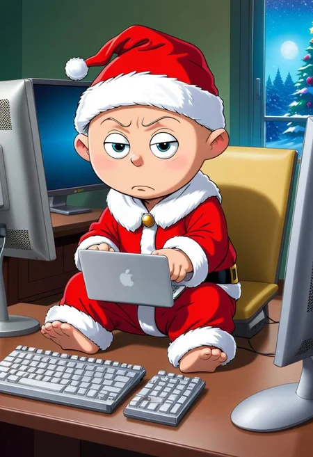 Stewie Griffin from the Family Guy, wearing Santa Hat, hacking on computer