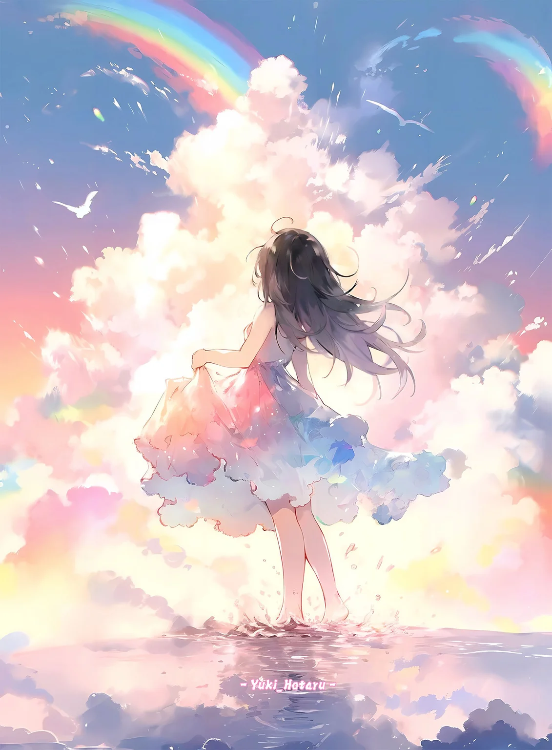masterpiece, best quality, absurdres, illustration, watercolor,
1girl, solo, long hair, black hair, dress, skirt hold, wading, sleeveless, barefoot, bare shoulders, standing, from behind,
outdoors, cloud, sky, bird, water, rainbow,