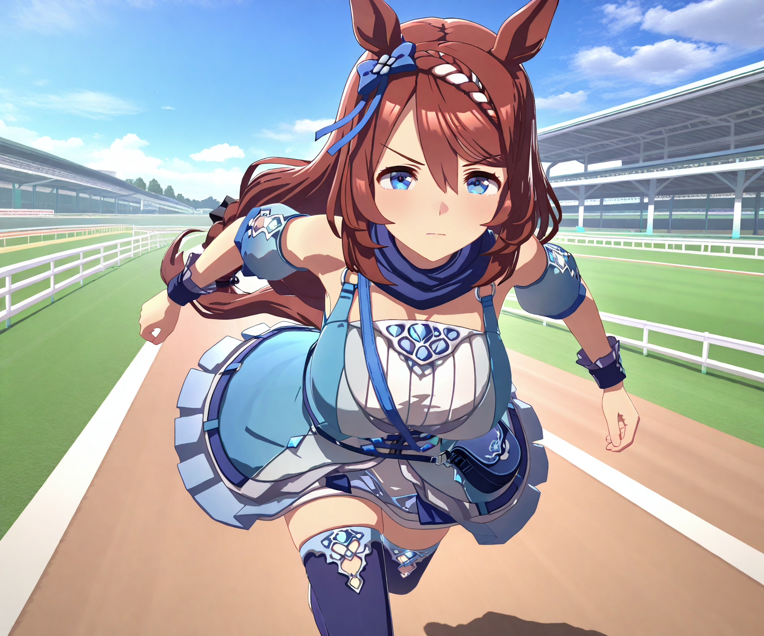 masterpiece, best quality, amazing quality, , 1girl, solo, racetrack, umamusume, running, serious,   <lora:Super Creek in game style 3D ILL-v2:1>  ummsmingame, 3d, super creek \(umamusume\), thighhighs,