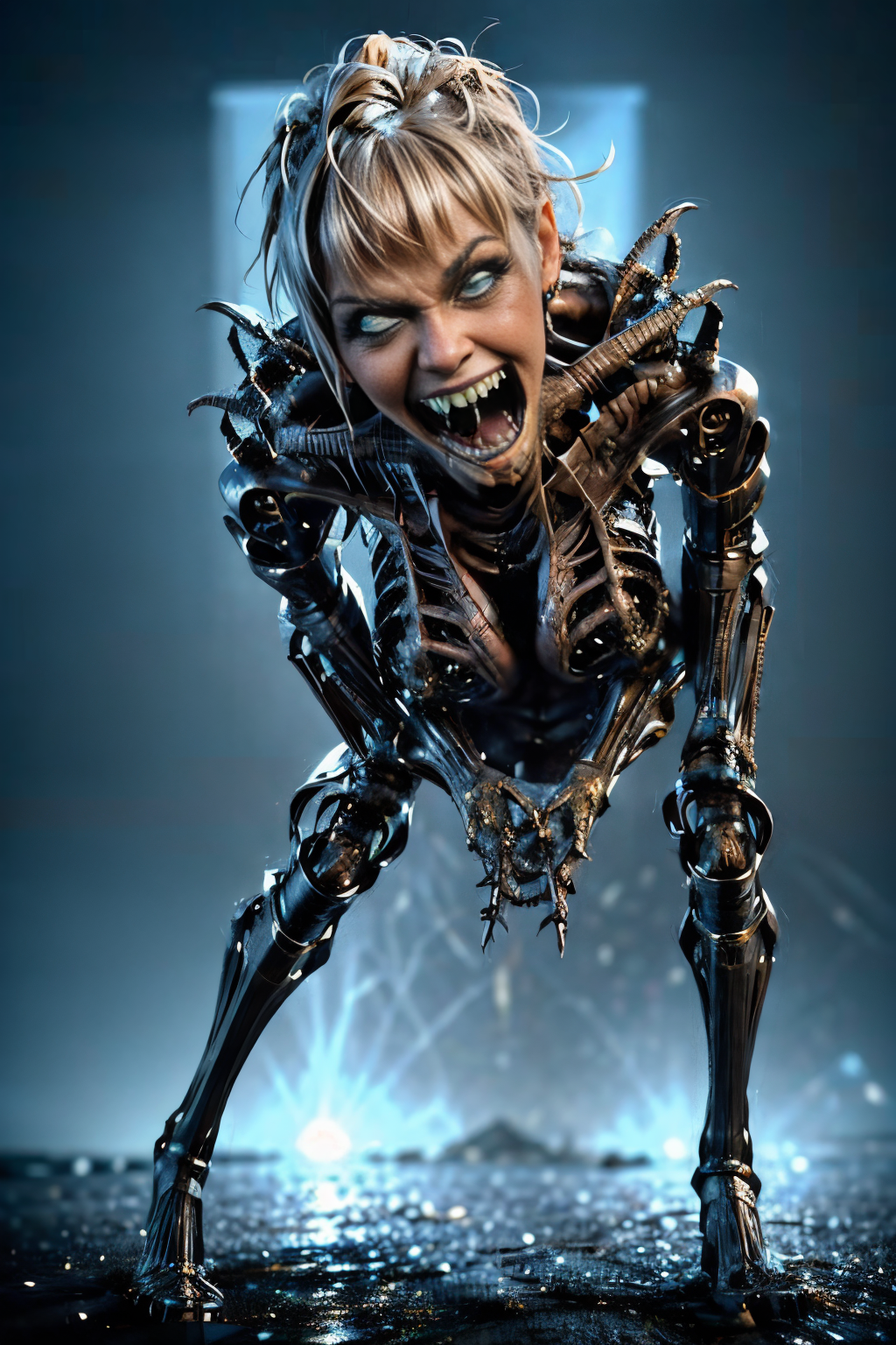 woman,  bone, sharp_teeth, tongue_out, glowing, glowing_eyes, ribs, <lora:EdobMonsterFemale2_v2.0:0.7> explosions in the background, night sky, full body shot (Realisitc:1.5) woman terminator, big breasts, <lora:EdobTerminatorHybridFemale_v1.0:0.5>