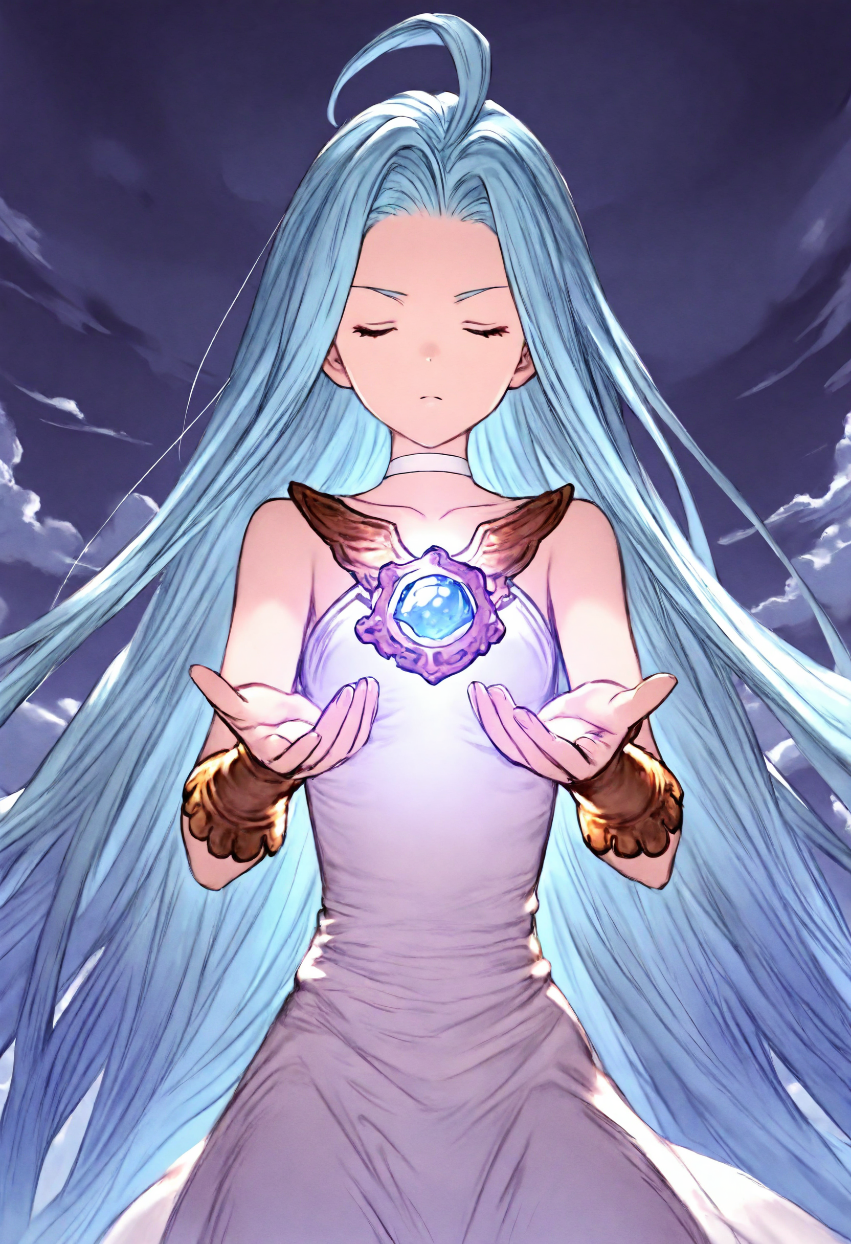 masterpiece, best quality, very aesthetic, absurdres, highly detailed, kyoto animation,
1girl, solo, straight-on, reaching towards viewer, spelling, serious, backlighting, light in hands,
lyria \(granblue fantasy\), very long hair, blue hair, ahoge, closed eyes, white choker, bare shoulders, skinny, small breasts, white dress,
dark sky, cloud, 
<lora:Lyria_Granblue_Fantasy_Illustrious-XL:1>