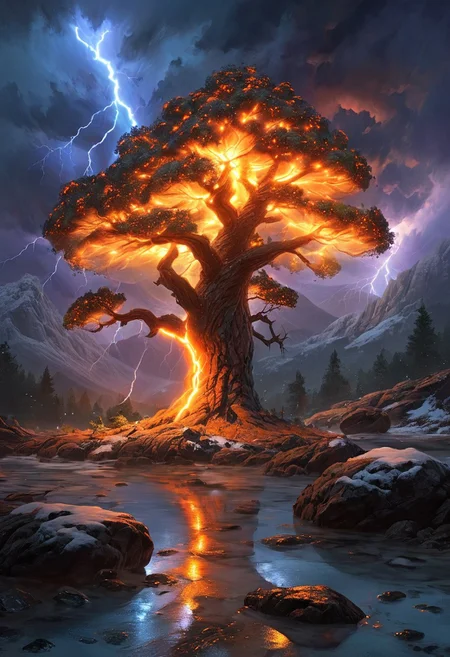 (by Ellen Jewett:1.5), (Fiery orange Bioluminescent Impressionism with lightning, mountain landscape, The Dreamland, Gibson Great Mountains, rock, sky, giant tree, great grand tree on mountains, great fire, great lightning, scenery, great great magical tree, sunset, sunrise , stream, lightining, snow and ice, ethereal landscapes, depth of field, biotech emotion:1.3) <lora:xl_more_art-full_v1:0.5> <lora:add-detail-xl:1> , ral-wlfnte <lora:RMSDXL_Creative:2>