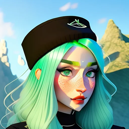 samdoesarts, a woman with green hair and a hat on her head and green eyes and a black hat, 1girl, eyelashes, face, freckles, gradient hair, aqua background, green eyes, green hair, lips, long hair, looking at viewer, nose, parted lips, portrait, simple background, solo