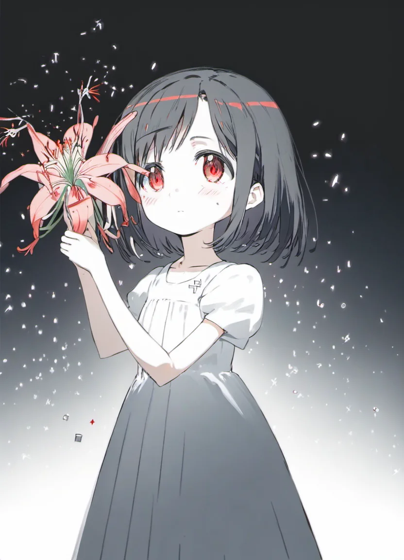face focus, cute, masterpiece, best quality, 1girl holding lycoris, black background, light particle, solo, black hair, red eyes, standing, pixiv, depth of field, cinematic compotision, best lighting, looking up
<lora:color_grace_xl_V2:1>,