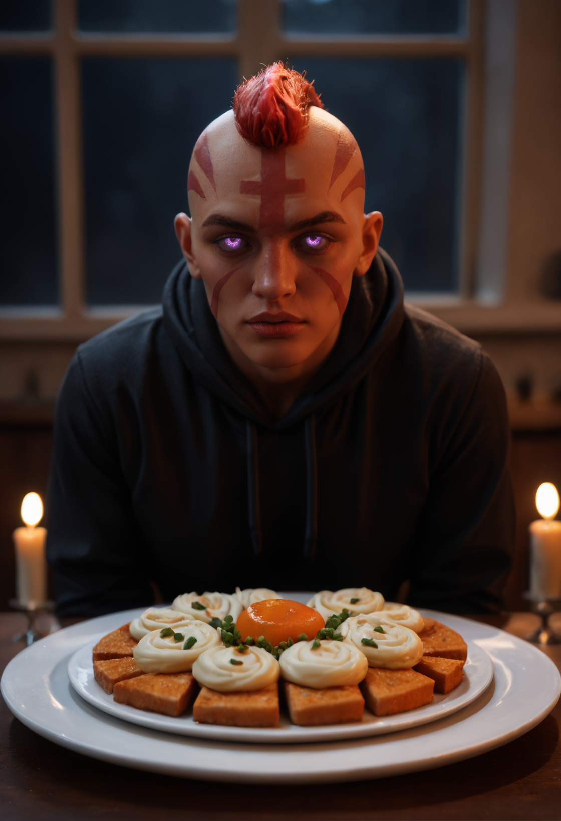 1boy,
dark skin, dark-skinned male, 
muscular, muscular male,
mohawk,red hair, bald,
scar,
purple eyes, no pupils, blank eyes,
facial  marks, 
 <lora:anti_mage_V2:1> anti_mage_v2, score_9, score_8_up, score_7_up, score_6_up, derpibooru_p_95,
detailed eyes, beautiful, detailed background, perfect eyes,
blur censor, blurry, blurry background, blurry foreground, bokeh, motion blur,
chromatic aberration, depth of field, figure, focused,  focus
photography, realistic sun light and shadows, photorealism, UHD --ar 9:16 --style raw --stylize 700,
solo,
sitting at a dining table with a lit candle in front of . . The table is covered with a white tablecloth and there are plates of food and of water on the table. The background is dark and there is a window visible in the distance. The overall mood of the image is eerie and spooky.,candle, food, table,, fender, guitar,