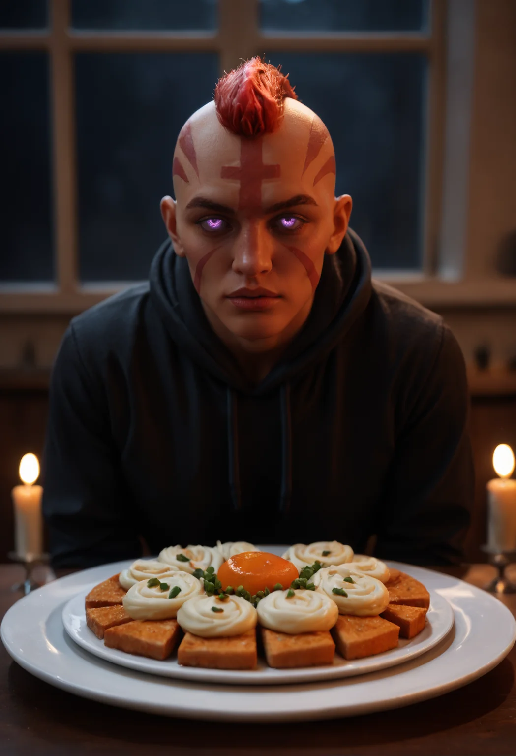 1boy,
dark skin, dark-skinned male,
muscular, muscular male,
mohawk,red hair, bald,
scar,
purple eyes, no pupils, blank eyes,
facial marks,
<lora:anti_mage_V2:1> anti_mage_v2, score_9, score_8_up, score_7_up, score_6_up, derpibooru_p_95,
detailed eyes, beautiful, detailed background, perfect eyes,
blur censor, blurry, blurry background, blurry foreground, bokeh, motion blur,
chromatic aberration, depth of field, figure, focused, focus
photography, realistic sun light and shadows, photorealism, UHD --ar 9:16 --style raw --stylize 700,
solo,
sitting at a dining table with a lit candle in front of . . The table is covered with a white tablecloth and there are plates of food and of water on the table. The background is dark and there is a window visible in the distance. The overall mood of the image is eerie and spooky.,candle, food, table,, fender, guitar,