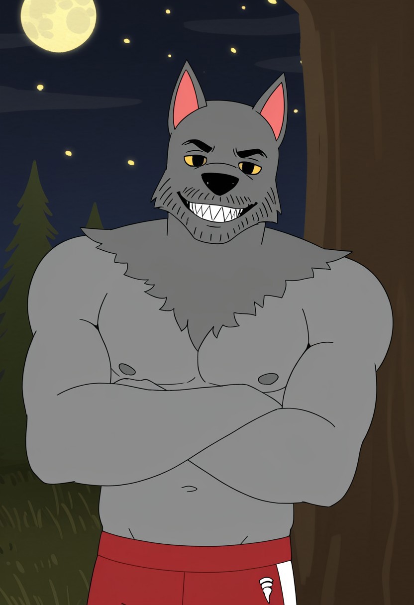 score_9, score_8_up, score_7_up, masterpiece, high quality, detailed, flat colors, solo, male, werewahlfberg, anthro, athletic, grey fur, dark grey top fur, nipples, pointed ears, black nose, yellow sclera, black eyes, eyebrows, sharp teeth, red jogging pants, half body shot, looking at viewer, chill, smiling, crossed arms, leaning behind a tree, outdoors, night, full moon, stars, grassy plains, woods.