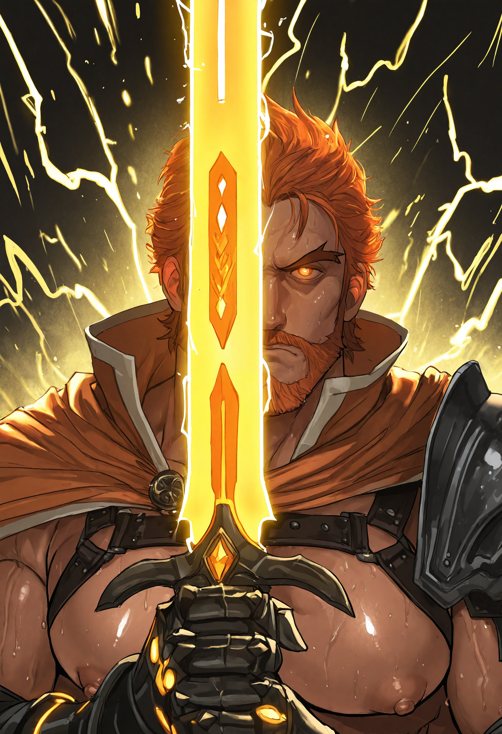 1boy, male focus, bara, muscular, large pectorals, puffy nipples, orange eyes, orange  hair, short hair, chinstrap beard, mature male, forked eyebrows, focused, serious expression, shoulder armor, orange cape, high collar, white trim, gauntlets, chest harness, glowing eyes, (yellow aura), holding large ornate knight sword, glowing sword, ribbon, electric sparks, lightning, (neon grading, yellow neon trim, yellow neon lights), sweaty, steamy, shiny skin, holding sword upwards in front of face, looking looking at viewer, two-handed sword, pectoral cleavage,
BREAK
dark background,
BREAK
cinematic, fantasy, medieval, close-up, face shot, very awa, masterpiece, best quality, absurdres, newest, perfect quality, detailed background, intricate details, (rybiok:0.9), (garbancobean:0.8), (marcus \(rnarccus\):0.8), (kuconoms:0.6)