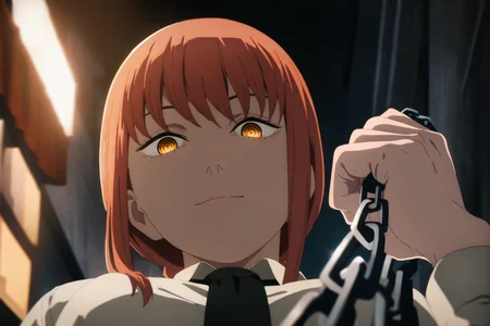 (foreshortening:1.358),(grab the chain:1.4),pov,hand up,chain from viewer,low angle,
very awa,masterpiece,best quality,newest,highres,absurdres,street light,(Top light),
1girl,makima \(chainsaw man\),solo,shirt,looking at viewer,necktie,short hair,collared shirt,formal,bangs,white shirt,closed mouth,medium hair,serious,closed mouth,Posterize,red hair,braid,yellow eyes,evil smile,
<lora:Chainsaw man animation style-NOOB05-lokr>,