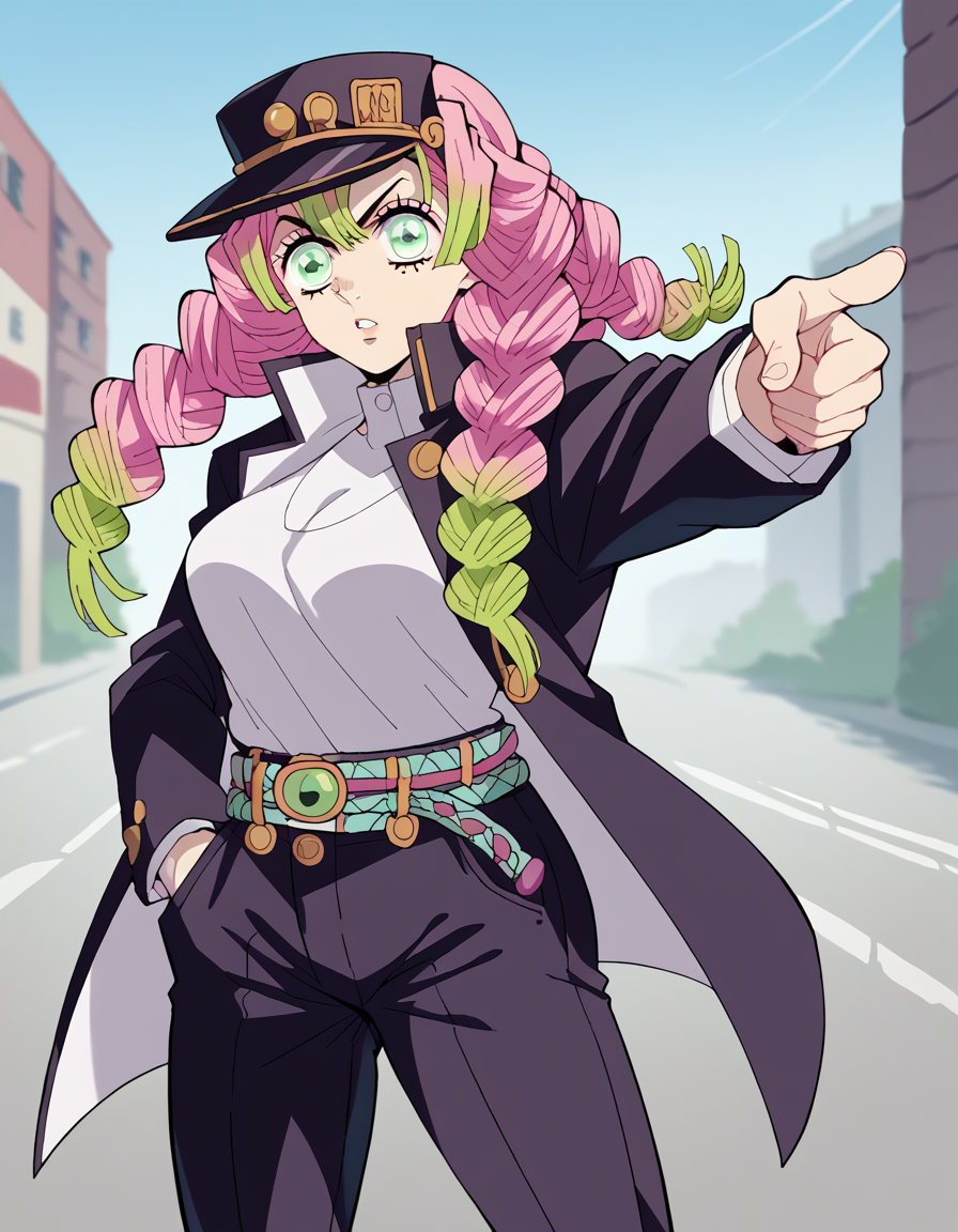 score_9, score_8_up, score_7_up, source_anime, <lora:mitsuri-kanroji-anime-ponyxl-lora-nochekaiser:1>, mitsuri kanroji, braid, gradient hair, green eyes, green hair, long hair, mole, mole under eye, multicolored hair, pink hair, twin braids, two-tone hair, large breasts, <lora:kujo-jotaro-cosplay-ponyxl-lora-nochekaiser:1>, kujo jotaro cosplay, kujo jotaro (cosplay), gakuran, cosplay, belt, black headwear, black jacket, black pants, high collar, multiple belts, pants, shirt,, street, jojo pose, pointing, hand in pocket, cowboy shot, looking at viewer,