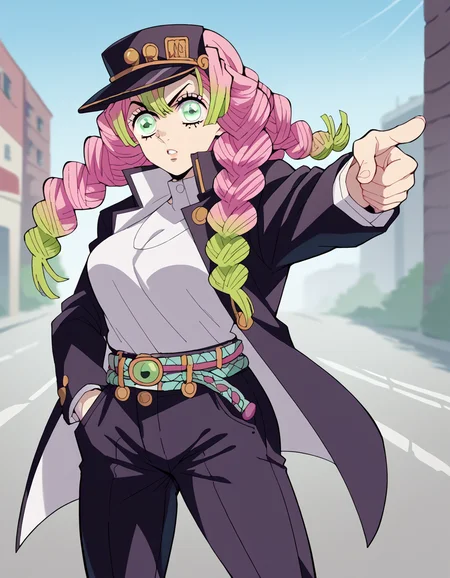 score_9, score_8_up, score_7_up, source_anime, <lora:mitsuri-kanroji-anime-ponyxl-lora-nochekaiser:1>, mitsuri kanroji, braid, gradient hair, green eyes, green hair, long hair, mole, mole under eye, multicolored hair, pink hair, twin braids, two-tone hair, large breasts, <lora:kujo-jotaro-cosplay-ponyxl-lora-nochekaiser:1>, kujo jotaro cosplay, kujo jotaro (cosplay), gakuran, cosplay, belt, black headwear, black jacket, black pants, high collar, multiple belts, pants, shirt,, street, jojo pose, pointing, hand in pocket, cowboy shot, looking at viewer,