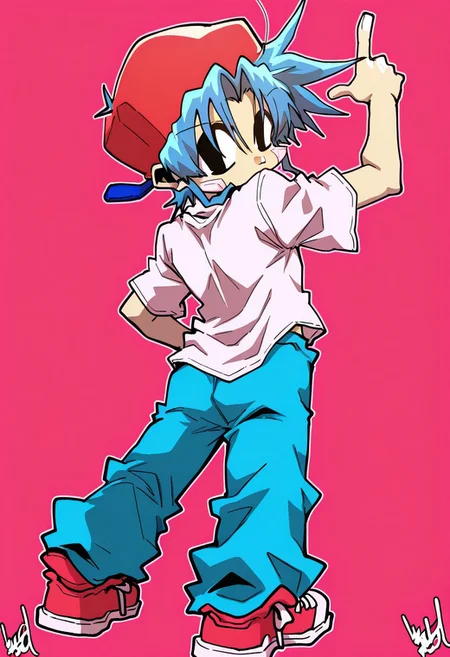 edkuroki, 1boy, pose, solo, best quality, BoyfriendFNF, light skin, spiky cyan hair, backward pink-red cap, blue brim, magenta-white short-sleeved T-shirt with a red prohibition sign, baggy blue pants, pink-red sneakers with magenta-white shoelaces, magenta-white soles, short, black eyes