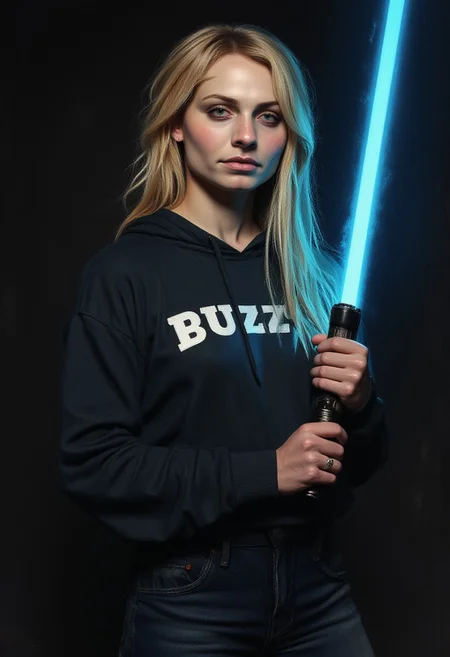 An ultra-detailed, portrait oil painting of a young Jedi Rapunzel, emanating calm and wisdom, holding a blue lightsaber, its blue blade illuminating her face. Her expression is determined and focused. She is inside an ancient Jedi temple shrouded in darkness, where the only light comes from her glowing blue lightsaber. The Jedi Rapunzel is skinny barely in her teens. Her long, iconic blond hair cascades in wild, untamed waves. She is wearing an oversized, dark colored hoodie with bold typography that reads "BUZZ?" in white letters and ripped blue jeans. Oil painting. Focus on the girl, shadow and light, Masterpiece, intricate lines, intriguing atmosphere, sharp magnificent details, delicate features, elaborate details, (2\3 rule composition:0.5), ultra detailed, romantic, Rembrandt lighting, brush stroke, lovely, novuschroma, in the style of Rembrandt. vantablack <lora:style_of_Rembrandt_FLUX_135:.7> <lora:- Flux1 - vanta_black_V2.0:.3> <lora:113_novuschromaFLX_1:.4> <lora:Midjourney_Whisper_Minimal:.3>
 <lora:neeeg_f1:-1>