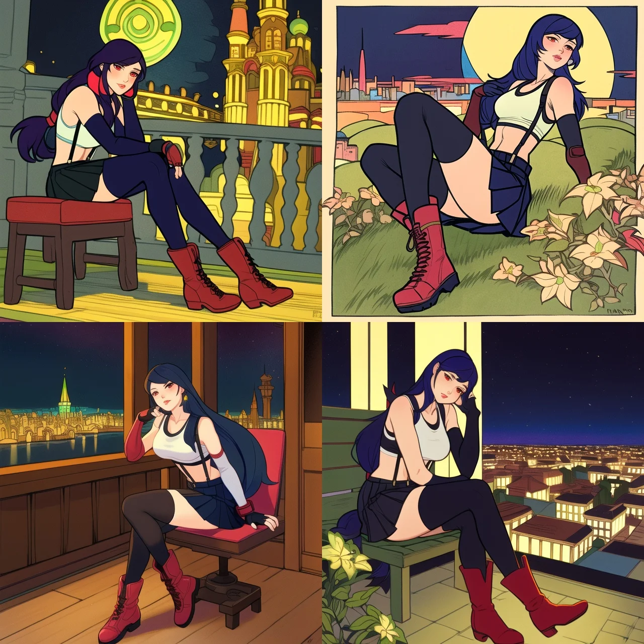 <lora:bilibin01-000016:1>(bilibin:1.2), (by ivan bilibin:1.1), tifa lockhart, final fantasy vii remake, 1girl, ankle boots, black hair, black skirt, black thighhighs, boots, breasts, cityscape, crop top, elbow gloves, elbow pads, fingerless gloves, full body, gloves, head rest, lips, long hair, looking at viewer, low-tied long hair, medium breasts, nose, red eyes, red footwear, signature, single elbow pad, sitting, skirt, solo, sports bra, suspender skirt, suspenders, tank top, thighhighs, white tank top, midgar, green light, night, yellow flowers, ((((masterpiece))))<lora:tifaLockhartAllOutfits_v1:0.4>