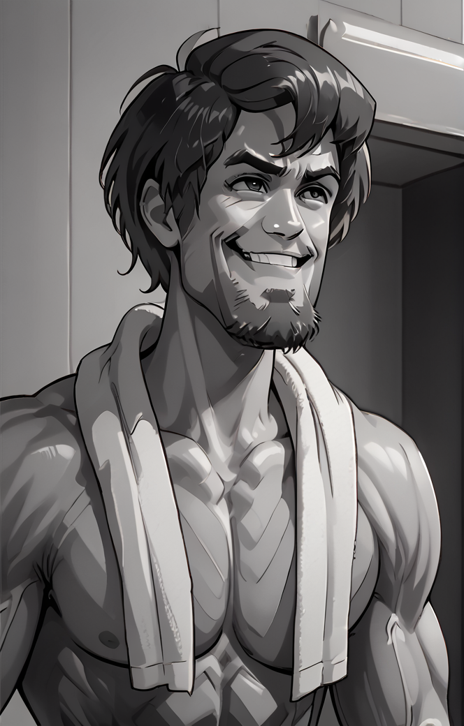 <lora:gigachad:1>,  <lora:ShaggyRogers:1>,  gigachad, muscular, monochrome, facial hair, Shaggy Rogers, hight details, masterpiece,  <lora:Eyes_High_Definition:1>, no shirt, towel hanging on neck, small one sided grin,