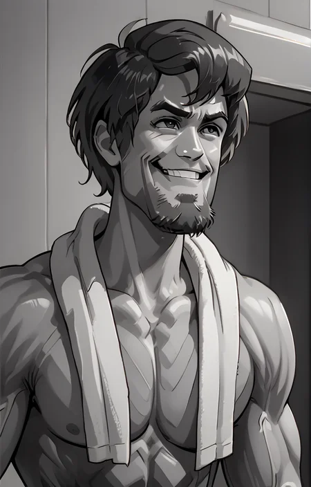 <lora:gigachad:1>,  <lora:ShaggyRogers:1>,  gigachad, muscular, monochrome, facial hair, Shaggy Rogers, hight details, masterpiece,  <lora:Eyes_High_Definition:1>, no shirt, towel hanging on neck, small one sided grin,