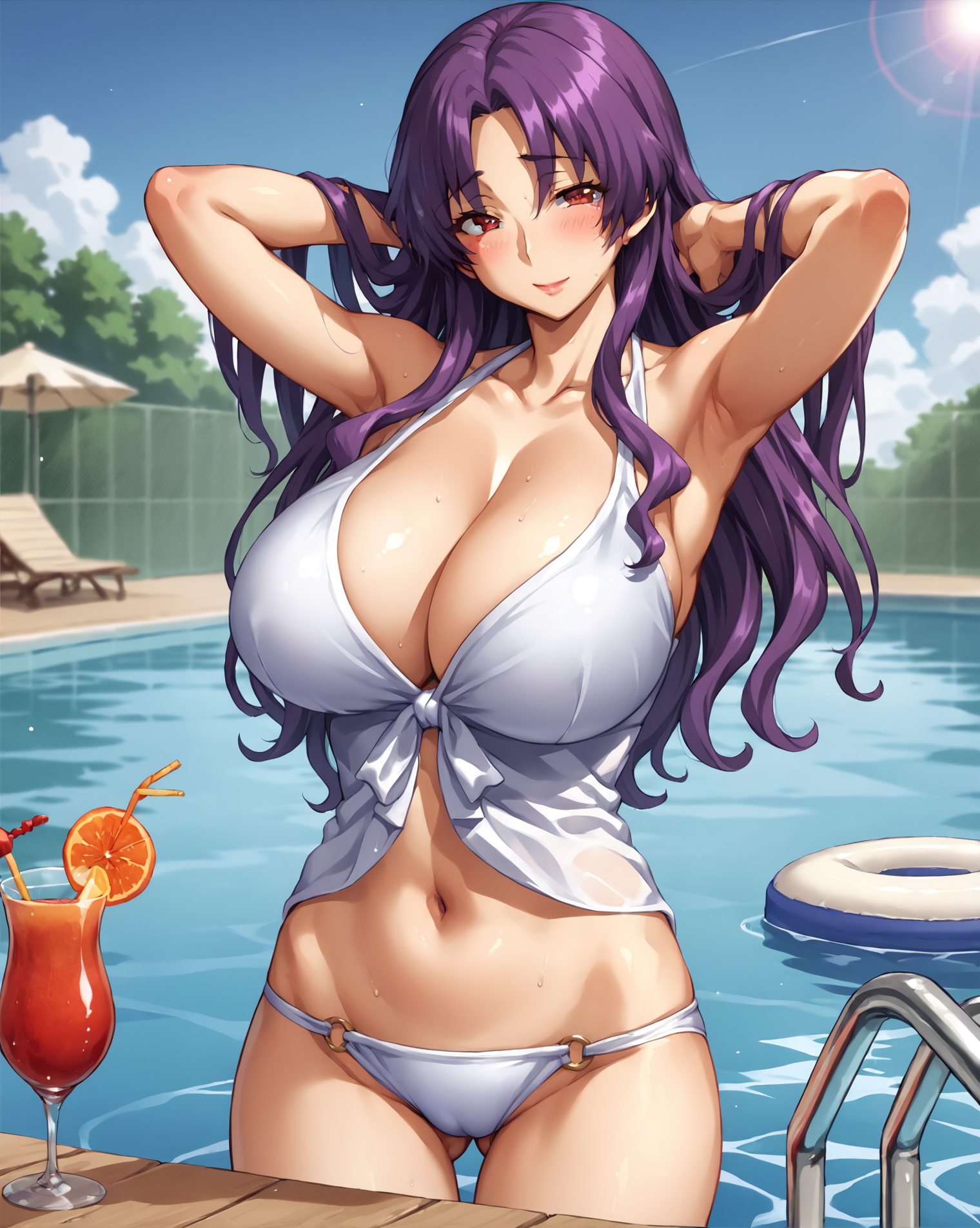 score_9, score_8_up, score_7_up, source_anime BREAK cowboy shot, hetero, outdoors, water, water slides, pool, sun lounger, blue sky, 1girl, solo, female focus, mature female, curvy, long hair, purple hair, parted bangs, sidelocks, red eyes, looking at viewer, blush, smile, breasts, cleavage, collarbone, navel, neckless, standing, arms up, hands behind head, armpits, thigh gap, gluteal folds, alcohol, cocktail, <lora:Anju_Matsuura_Kutsujoku_for_Pony:1>, rating_questionable