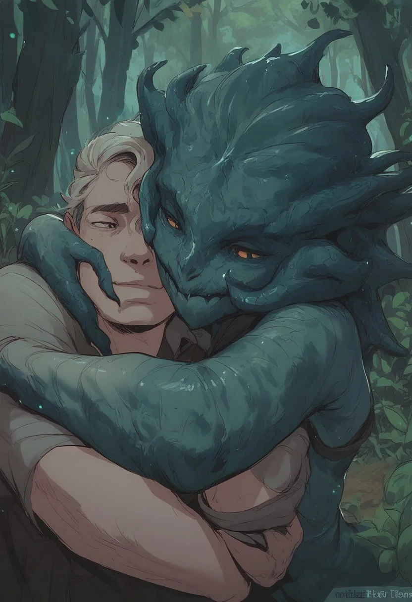 score_9, score_8_up, score_7_up, score_6_up, score_5_up, score_4_up, forest, 1boy, 1girl, monster girl, hugging,