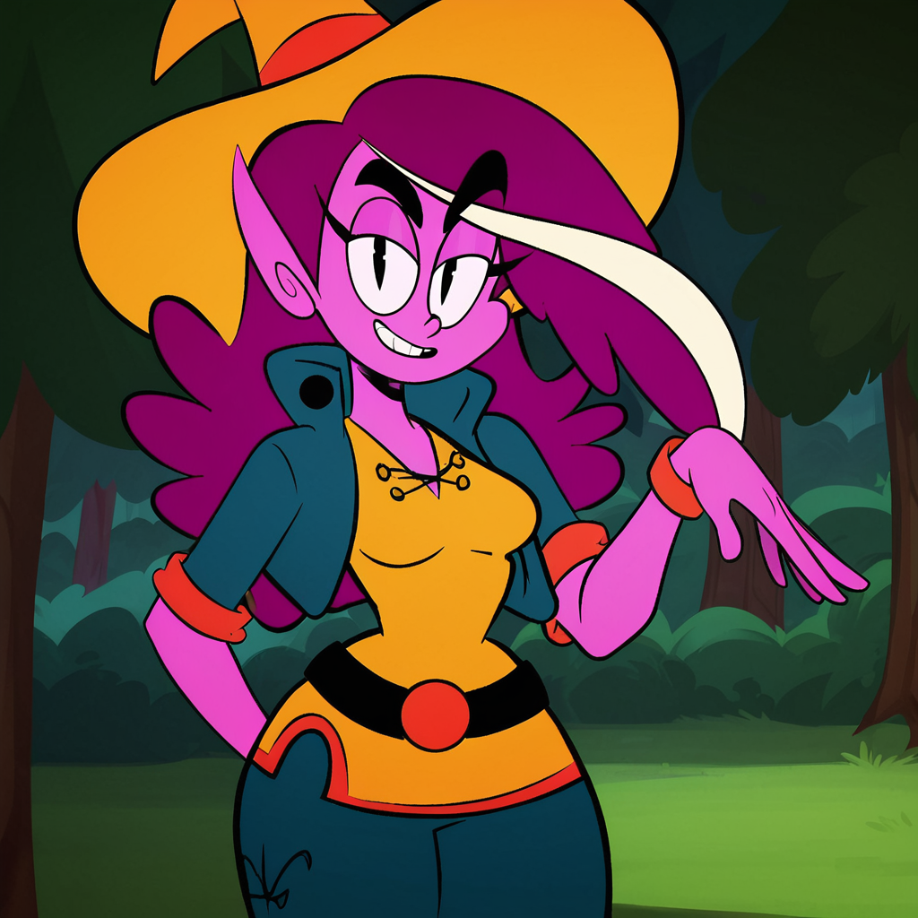 score_9, score_8_up, score_7_up, 1girl, Simone, purple hair, multicolored hair, colored skin, pink skin, pointy ears, witch hat, medium breasts, narrow waist, wide hips, looking at viewer, highres, high quality, masterpiece, <lora:Witchy_Simone:0.9>