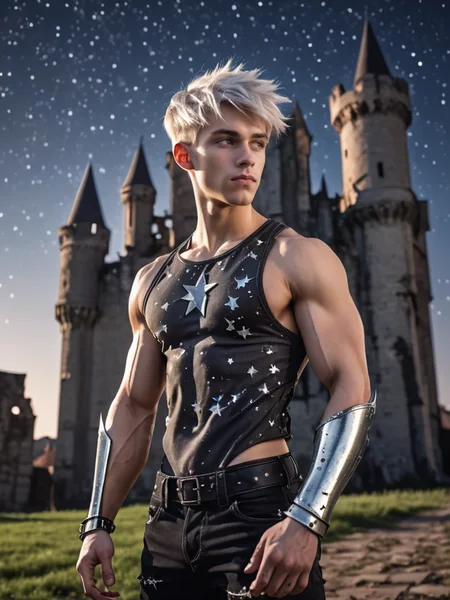 male focus,muscular,abs, A (charming young boy) with (bright, metallic luster hair), in front of a (ruined gothic castle), ((surrounded by a detailed starry sky)), (((silver stars casting dynamic shadows)), backlighting), mysterious, historic.