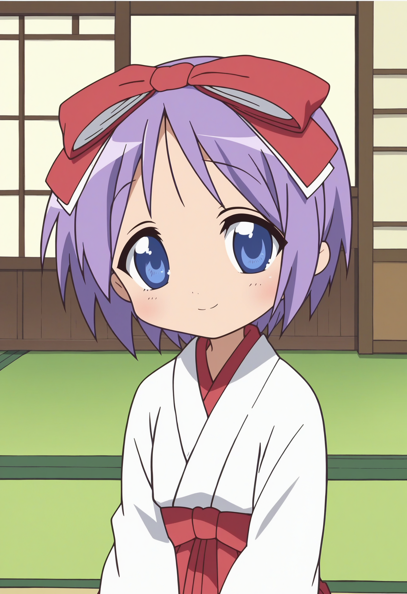 score_9, score_8_up, score_7_up, score_6_up, score_5_up, score_4_up , anime coloring ,BREAK source_anime, anime,screencap,
 1girl, solo, lstsukasa, japanese clothes, miko, red hakama skirt, white kimono top, red hair ribbon <lora:PonyXL LS Tsukasa V2:1>
indoors, sitting,
smile, looking at viewer,