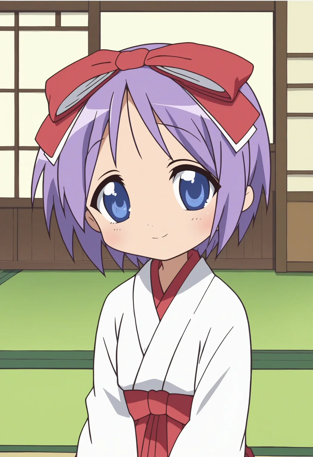 score_9, score_8_up, score_7_up, score_6_up, score_5_up, score_4_up , anime coloring ,BREAK source_anime, anime,screencap,
1girl, solo, lstsukasa, japanese clothes, miko, red hakama skirt, white kimono top, red hair ribbon <lora:PonyXL LS Tsukasa V2:1>
indoors, sitting,
smile, looking at viewer,