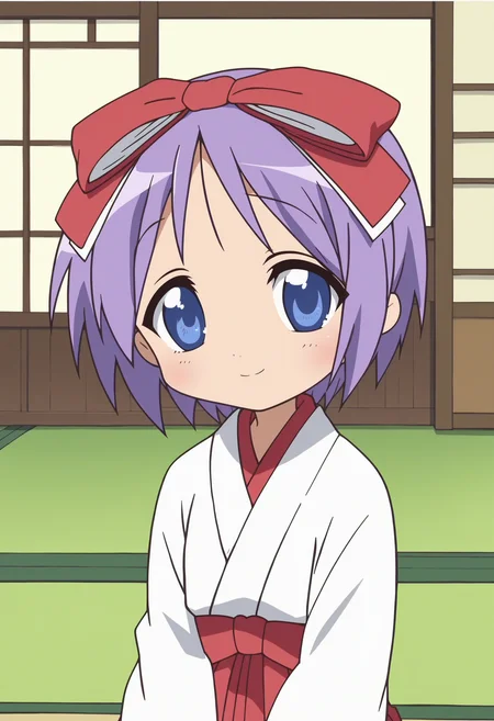 score_9, score_8_up, score_7_up, score_6_up, score_5_up, score_4_up , anime coloring ,BREAK source_anime, anime,screencap,
1girl, solo, lstsukasa, japanese clothes, miko, red hakama skirt, white kimono top, red hair ribbon <lora:PonyXL LS Tsukasa V2:1>
indoors, sitting,
smile, looking at viewer,