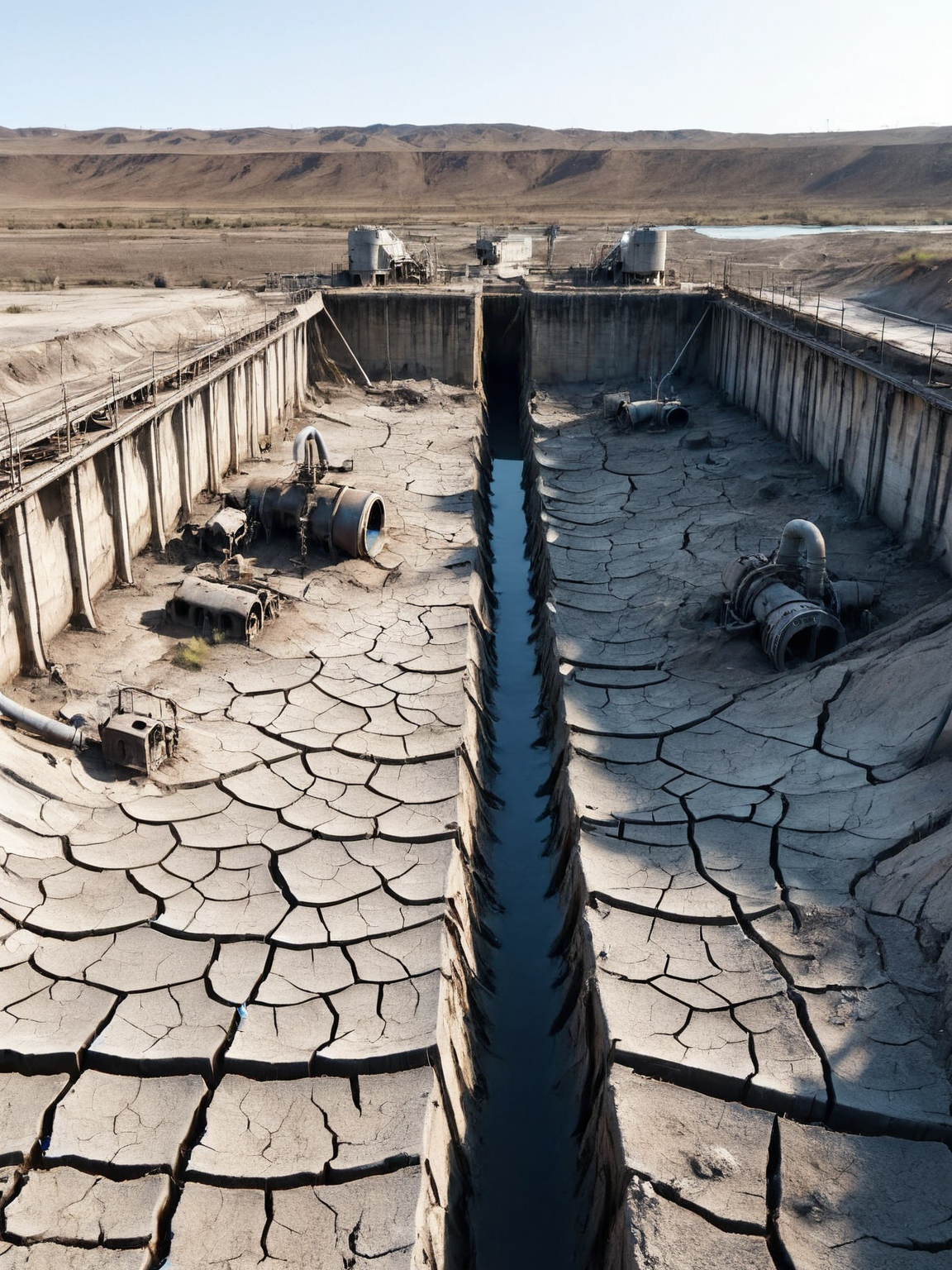 A cracked and empty ais-prchd reservoir, exposed pipes and machinery jutting at harsh angles<lora:ais-prchd-sdxl:1>
