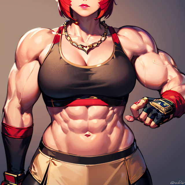 Marisa,short red hair, blunt bangs, makeup, green eyes ,muscular, biceps, close up,
Mattire, fingerless gloves, black sports bra with gold trim, big necklace, toeless legwear, bike shorts, small skirt,
(insanely detailed, beautiful detailed face, masterpiece, best quality)  <lora:Marisa-10:0.7>