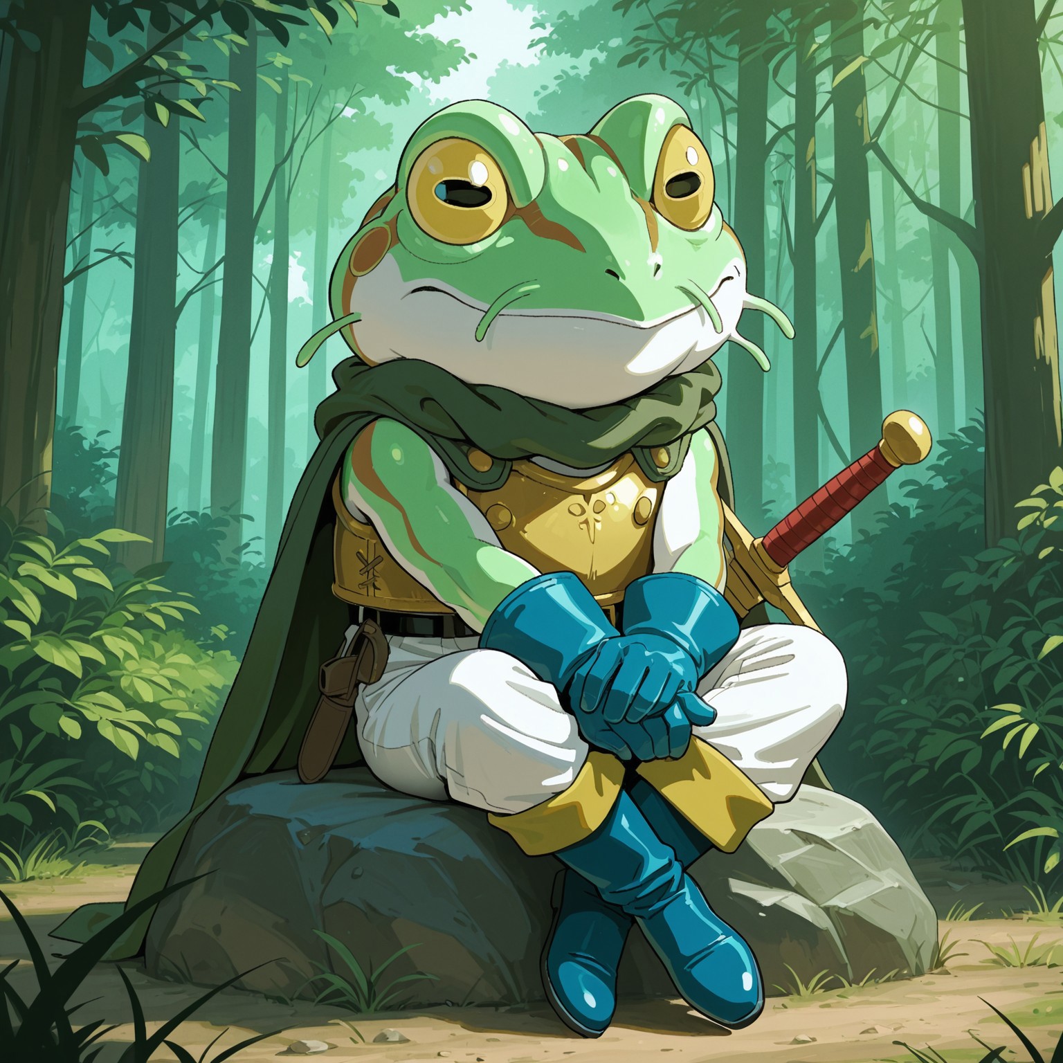 2d, solo, CTFrog, Frog, anthro, yellow sclera, black pupils, horizontal pupils, green skin, white skin, brown skin, multicolored body, armor, green cape, golden breastplate, white pants, belt, belt buckle, blue gloves, blue boots, sleeveless, barbel, sword scabbard

BREAK best quality, amazing quality, very aesthetic, absurdres, newest, masterpiece, aesthetic lighting, sitting on rock, smiling, forest, sunny day, trees, bushes, legs crossed, three-quarter_view 
