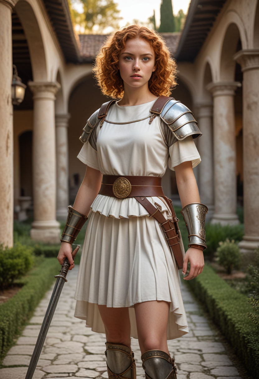 (medium full shot) of (attractive roman soldier) young woman, curly ginger hair, hazel eyes, light skin, slender build,   decurion, wearing Attic helmet with cheek guards, lorica segmentata, white tunic, leather belt with metal plates, iron greaves, caligae, holding short sword with intricate hilt, set in ancient roman empire era,  Villa, grand estate with manicured gardens, mosaic-tiled floors, frescoed walls, servants bustling about, a central courtyard with a fountain , at sunset, surprised, open mouth, running toward the viewer, Masterpiece,best quality, photorealistic, amazing quality, very aesthetic, extremely detailed face,