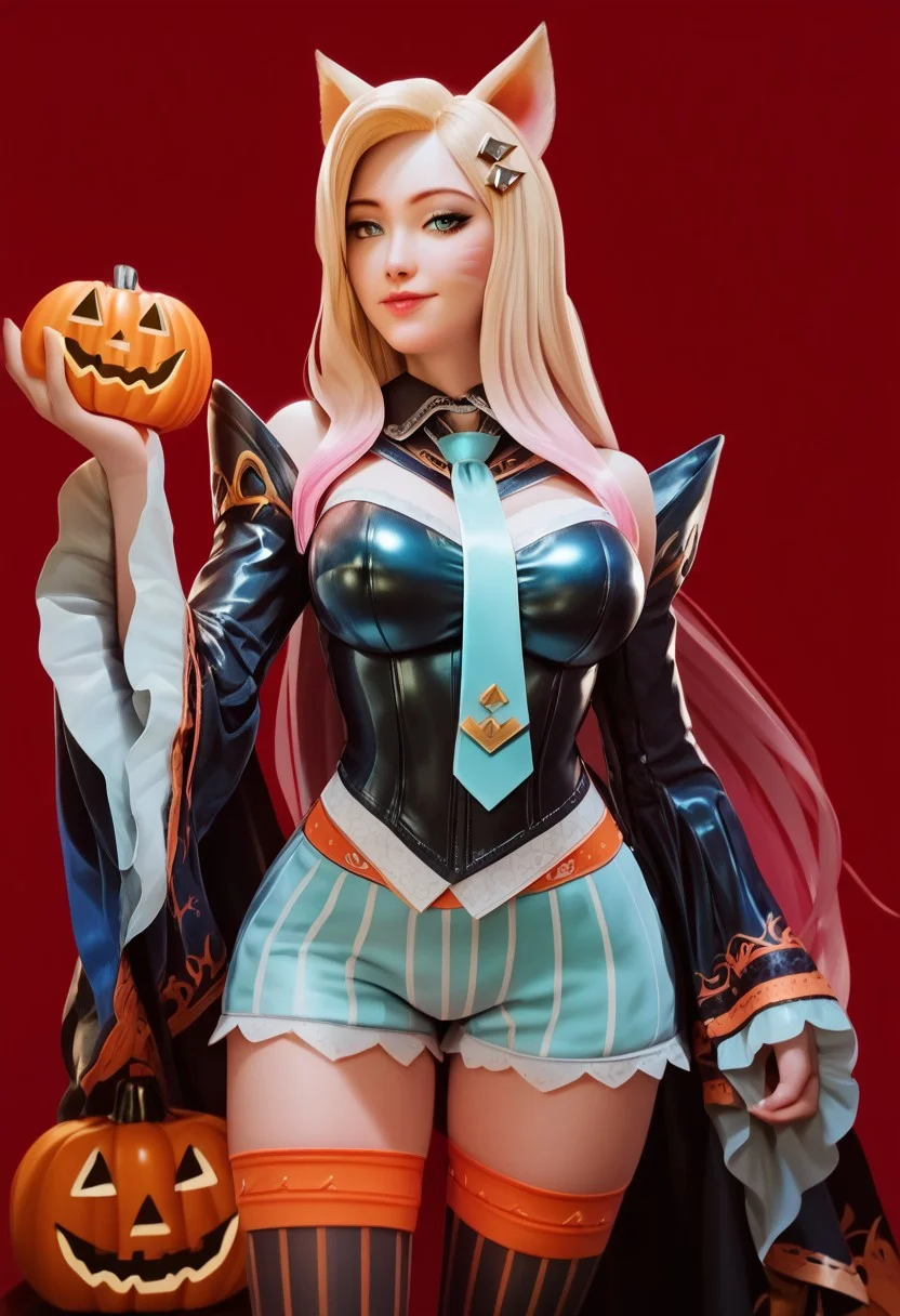 score_9, score_8_up, score_7_up, score_6_up, score_5_up, score_4_up, 1girl, 18 years Ahri(KDA), Blonde hair, multicolored hair,long hair , cleavage, peach ass, petite, hourglass body shape,model body,smile sexy, realistic skin,clear skin,shiny hair,ultra detailed eyes, 1girl,cowboy shot,red background,,ruanyi1053,aqua necktie,cape,detached sleeves,frills,halloween costume,jack-o'-lantern,vertical-striped thighhighs,vertical-striped shorts,wide sleeves,
medium breasts,blonde hair,very long hair,<lora:1053 halloween costume_v1_pony:1>, score_9, score_8_up, score_7_up, score_6_up, score_9, score_8_up, score_7_up, score_6_up source_anime, blush, 1girl, seduce smile, perfect body , natural huge breasts