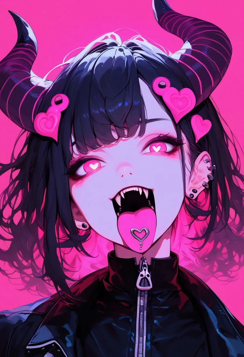 score_9, score_8_up, score_7_up,
c0l0r1f1c4t10npurpl3,ColorificationPurple,Colorification Purple, 1girl, solo, looking at viewer, open mouth, bangs, black hair, hair ornament, jewelry, jacket, upper body, heart, earrings, horns, teeth, tongue, hairclip, tongue out, pink eyes, black jacket, fangs, piercing, pink background, ear piercing, bright pupils, zipper, heart hair ornament, pink theme, tongue piercing
