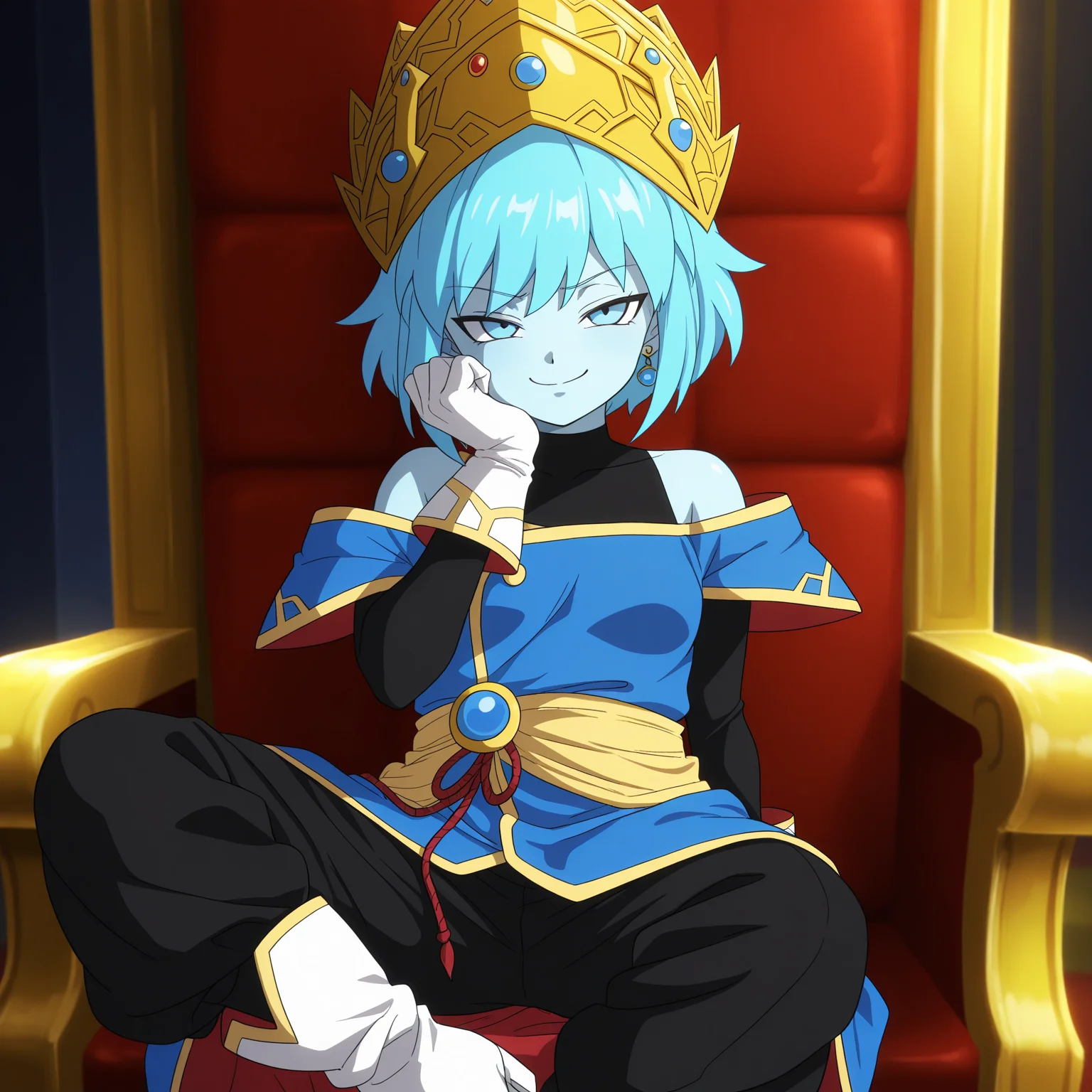 masterpiece, best quality, amazing quality, anime screencap, 1girl, solo, sitting, throne, smug, <lora:AeosDB:0.9>, aeosDB, blue hair, short hair, blue eyes, blue skin, small breasts, earrings, crown, black undershirt, bare shoulders, blue off-shoulder coat, black baggy pants, white gloves, white boots,