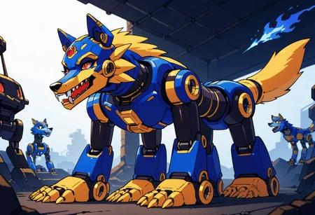 score_9, score_8_up, score_7_up, score_6_up, score_5_up, source_furry, view from below, (eyeshadow:1.6), thin waist, (yellow tail:1.2), friender, blue fire dog, blue armor, feral, (robot:1.8), robotic, black nose, red eyes, paws, claws, (wolf tail:1.2), friender, open mouth, (fangs:1.5), mechanical fortress