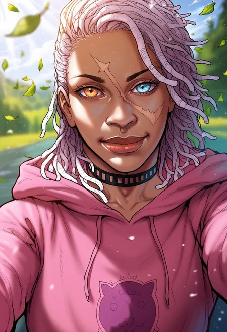 detailed face, detailed eyes, high resolution, intricate design, sharp edges, smooth, high detailed, god level, good proportions, detailed fingers, (masterpiece, best quality, ultra-detailed), (anime style, manhwa style:1.2)
...
(Andrea, 1girl, scar on face, scar across eye, white hair, dreadlocks. heterochromia, left orange eye, right blue eye, muscular female, pink hoodie, denim shorts, hood dawn, black choker, huge thighs)
...
looking at viewer, standing, front view, close up, (mid-range shot, upper body, from thighs up:1.2), selfie, hand on thigh, inclined
...
score_10, score_9, score_8, 1girl, solo, alone, cinematic, sketch 
...
Outdoors, dynamic lighting, wind, leaves,  (soft lighting, dramatic shadows), (sharp focus, depth of field), (cinematic lighting:1.3), ( mystical aura), ethereal light rays, warm glow, realistic shading, night