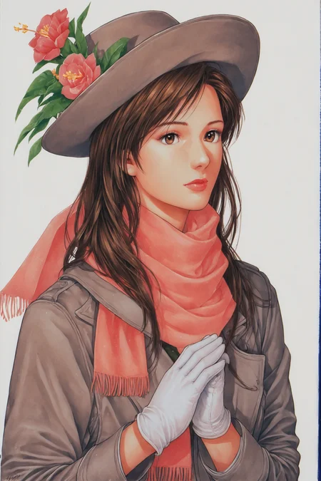 solo,gloves,1girl,hat,brown eyes,flower,brown hair,signature,lips,white background,white gloves,long hair,own hands together,hat flower,scarf,dated,traditional media,simple background,own hands clasped,score_9,score_8_up,<lora:Tsukasa Hojo_XL_PONY:0.8>,