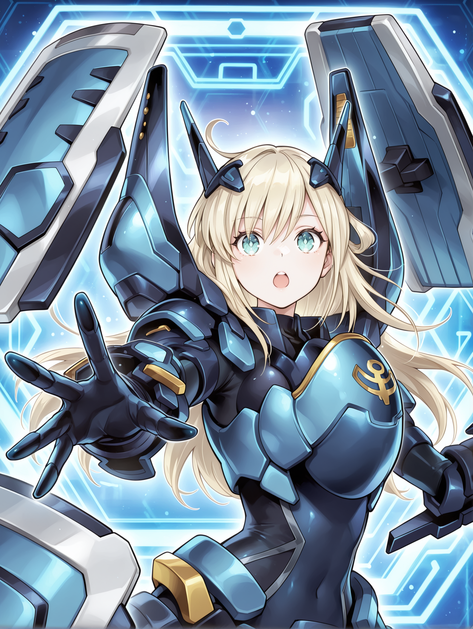 official art,sky striker ace - raye,blue power armor,official alternate costume,mecha musume,1girl,black bodysuit,solo,open mouth,open hand,looking at viewer,floating blue shield,blue armored gloves,blue breastplate,blue headgear,multiple shields,blue honeycomb \(pattern\),upper body, 
masterpiece,best quality,amazing quality,very aesthetic,absurdres,newest,<lora:Sky striker ace - Raye illusXL v1:0.8>,