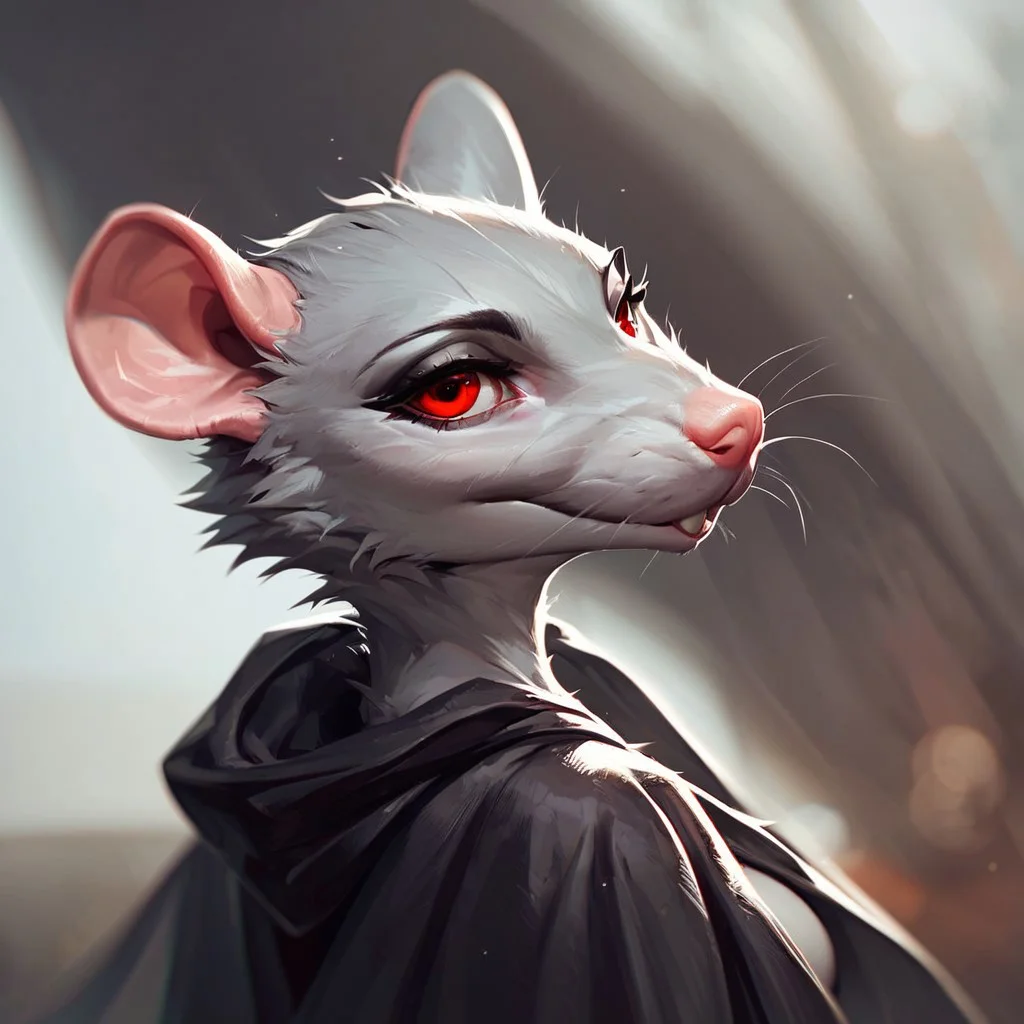 (((beautiful, high quality))), upper Body, score_9, score_8_up, score_7_up,
ratfolk, furry rat, 1girl, grey fur, red eyes, black cape,
looking at the viewer, posing, blurred background,
