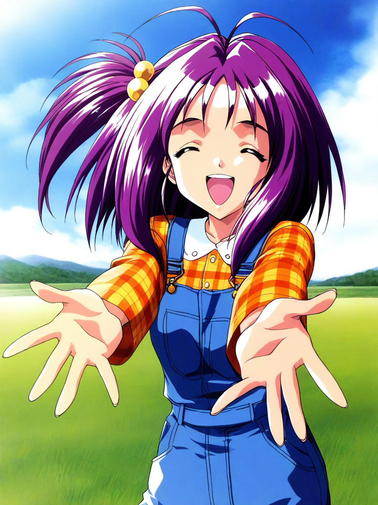 general,highres, ultra-detailed,very aesthetic,best quality ,best hands, BREAK <lora:Kotobuki_Miyuki_Tokimeki_Memorial2_IS:1>
Kotobuki_Miyuki(Tokimeki_Memorial2), 1girl, solo, bangs, purple hair, short hair, brown eyes, antenna hair,ãshort,
overalls, closed eyes, hair bobbles, hair ornament, 
smile, one side up, shirt, plaid, short hair, plaid shirt, ^_^, happy,
grass, sky, day,