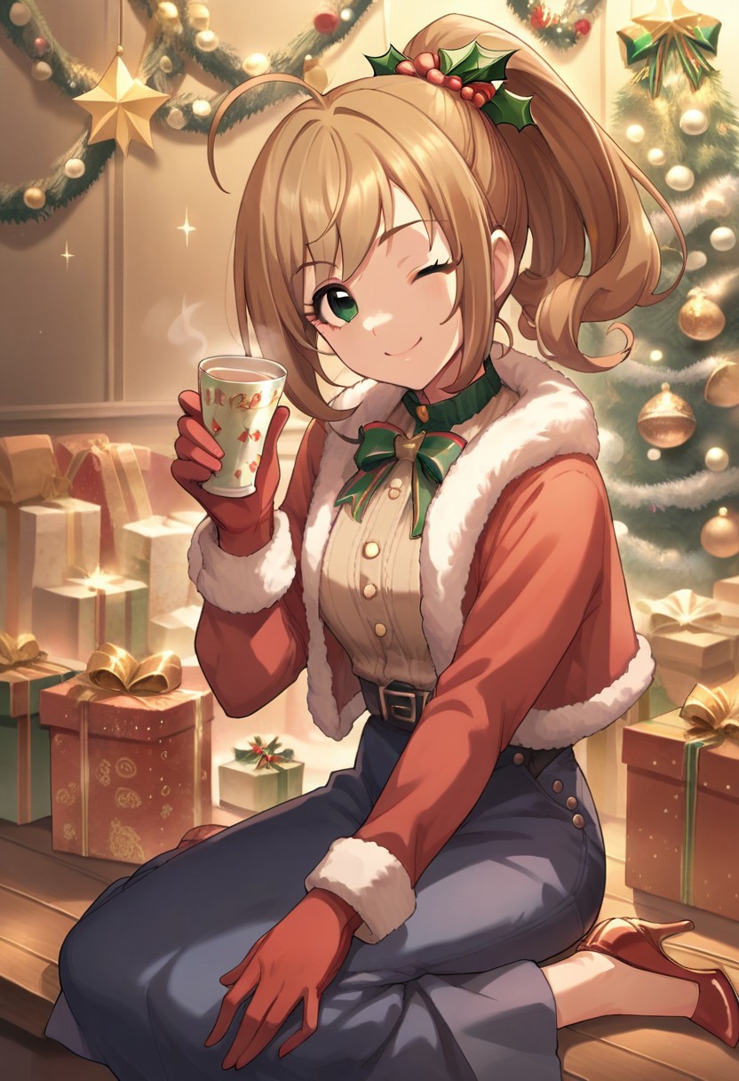 score_9, score_8_up, score_7_up, source_anime,satou shin, ahoge, green eyes, brown hair, 1girl, one eye closed, high heels, solo, "merry christmas", gloves, christmas, ponytail,smile, looking at viewer, cup