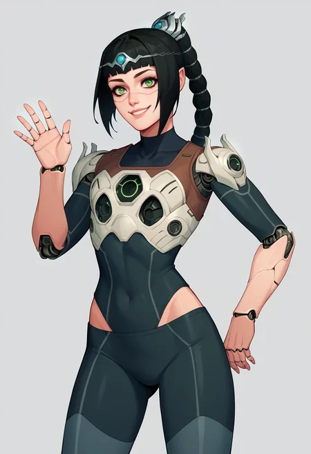 score_9, score_8_up, score_7_up, score_6_up, score_5_up, score_4_up, BREAK,
robotskin, cyborg, robot skin,
1girl, shadowheart, black hair, braided ponytail, tiara, green eyes, armor, leggings,
waving, smile, looking at viewer, simple background, <lora:ShadowHeartXL:1> <lora:RobotSkinXL:1>