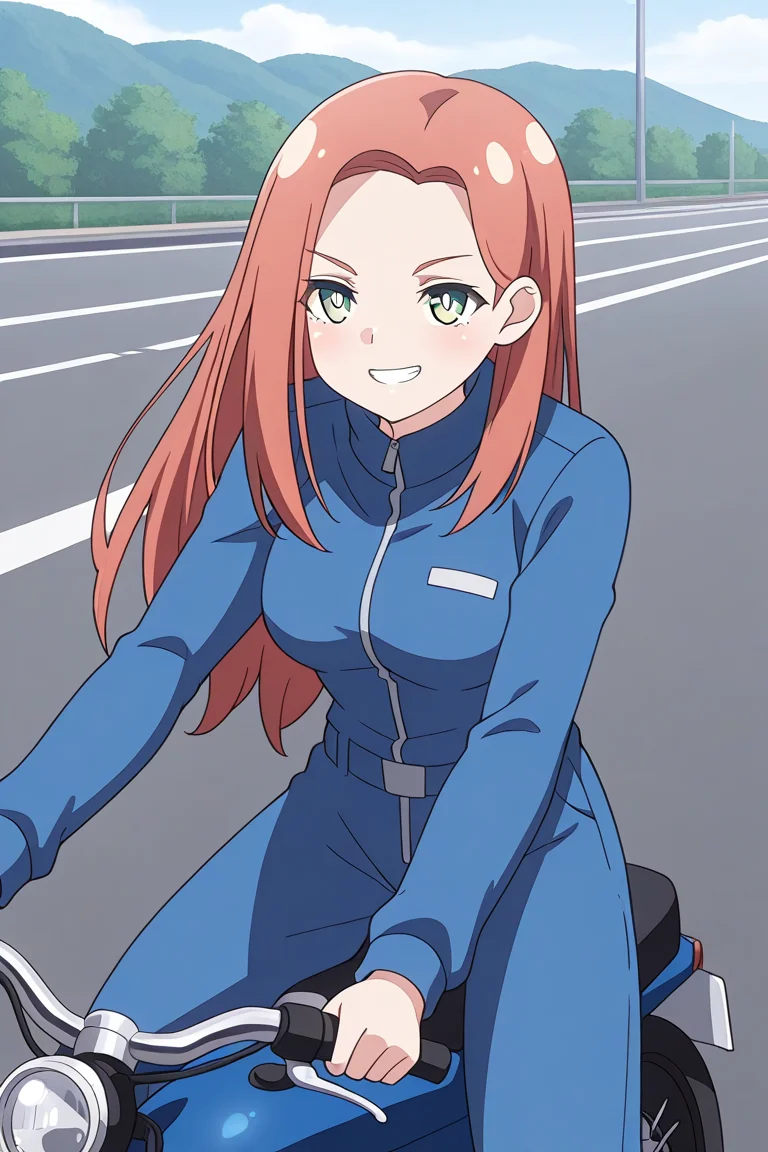 1girl, solo, kyoukolylustea, red hair, parted bangs, long hair, green eyes, white pupils, bright pupils, medium breasts, blue jumpsuit, riding motorbike, street, grin, smile, morning