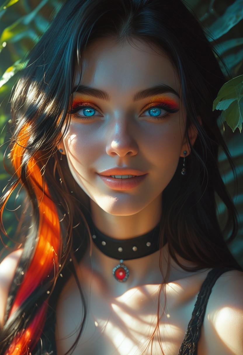 score_9, score_8_up, score_7_up, masterpiece, best quality, expressive, 1girl, toned body, fit, long hair, dark hair, multicolored hair, colorful eyeshadow, blue eyes, piercing eyes, beautiful woman, expressive,
Face focus, closeup, slightly smiling, choker,
god rays, volumetric lighting