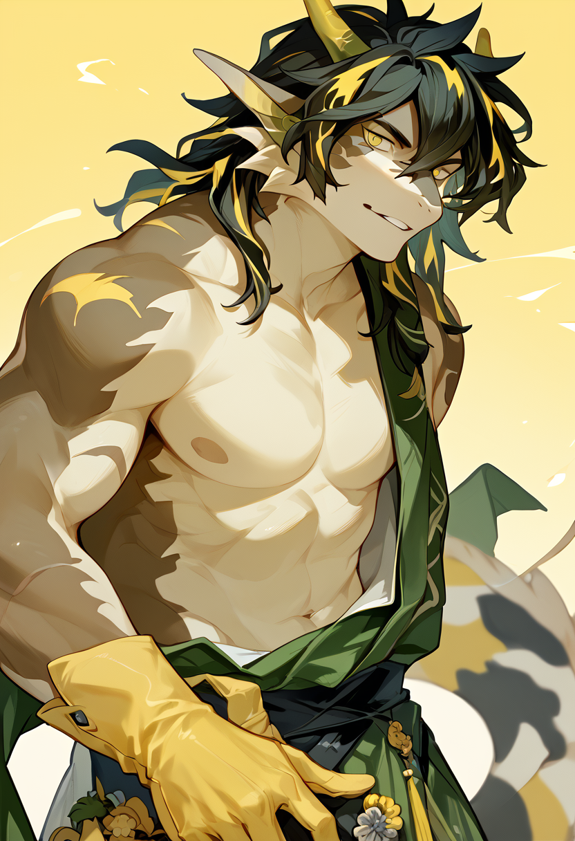 score_9, score_8_up, score_7_up, high res, best quality, lee, d313c1v3, <lora:Lee:1>, <lora:add-detail-xl:1>, BREAK
furry, solo, 1boy, black hair, multicolored hair, yellow eyes, yellow gloves, topless, buff, looking at viewer, detailed background